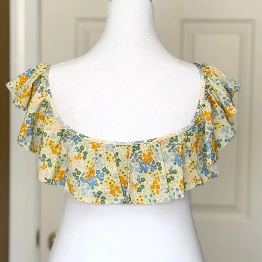 & Other Stories Floral‎ Ruffle Bikini Top Yellow Blue Paris Atelier NWT US 12